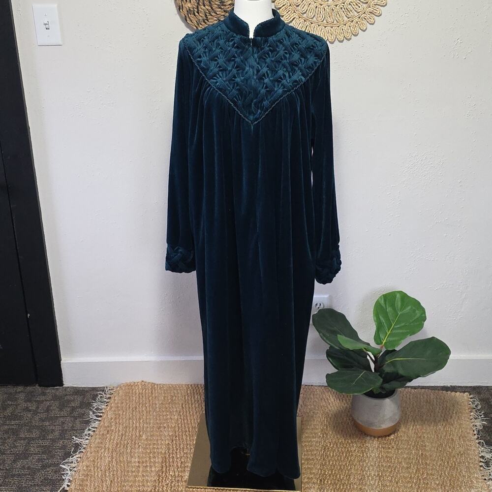 Delicates Dark Teal Jewel Tone Velour House Coat Robe Womens S EUC Granny Cozy